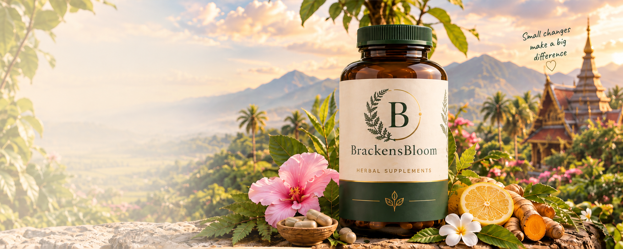 BrackensBloom amber bottle with a green cap, surrounded by hibiscus, citrus and herbs in a sunlit Thai mountain landscape